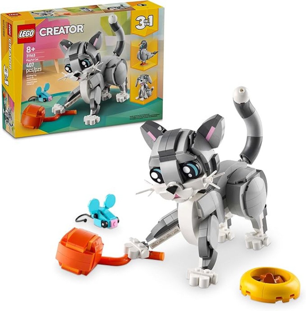LEGO Creator 3 in 1 Playful Cat Toy - Building Toy with 3 Building Options, Cat, Dog, or Pigeon - Animal Figures for Kids, Girls and Boys, Ages 8+ - Gift Idea for Birthday - 31163