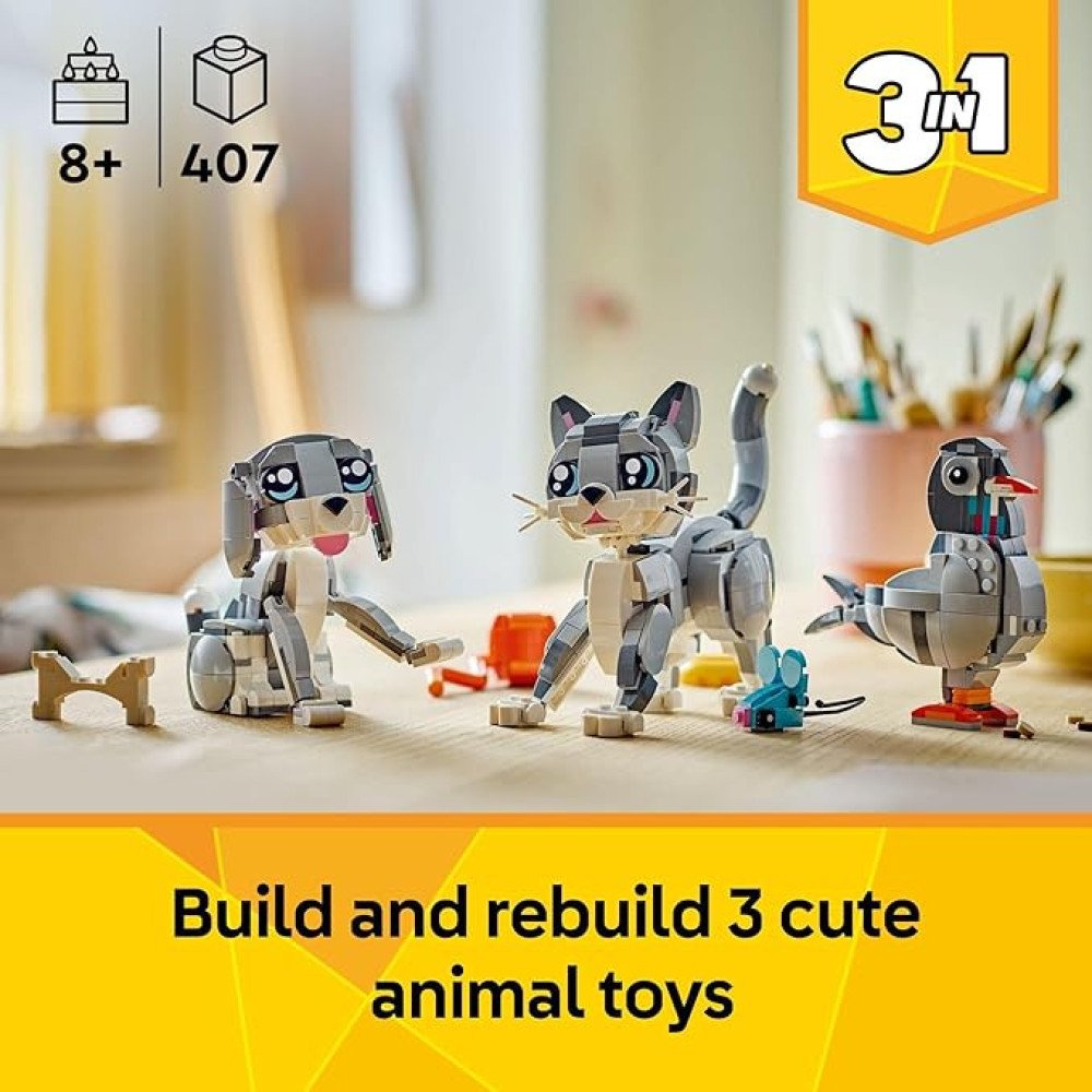 LEGO Creator 3 in 1 Playful Cat Toy - Building Toy with 3 Building Options, Cat, Dog, or Pigeon - Animal Figures for Kids, Girls and Boys, Ages 8+ - Gift Idea for Birthday - 31163