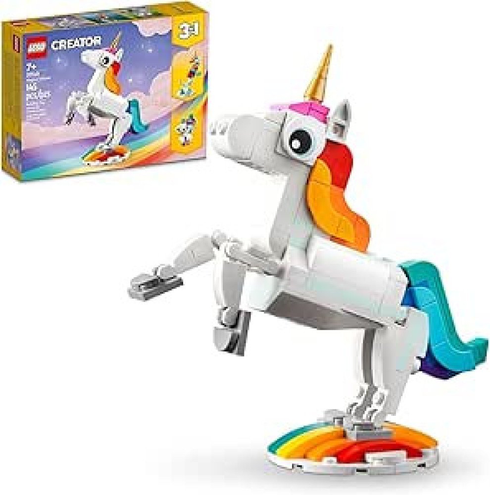 LEGO Creator 3 in 1 Magical Unicorn Toy, Transforms from Unicorn to Seahorse to Peacock, Rainbow Animal Figures, Unicorn Gift for Grandchildren, Girls and Boys, Buildable Toys