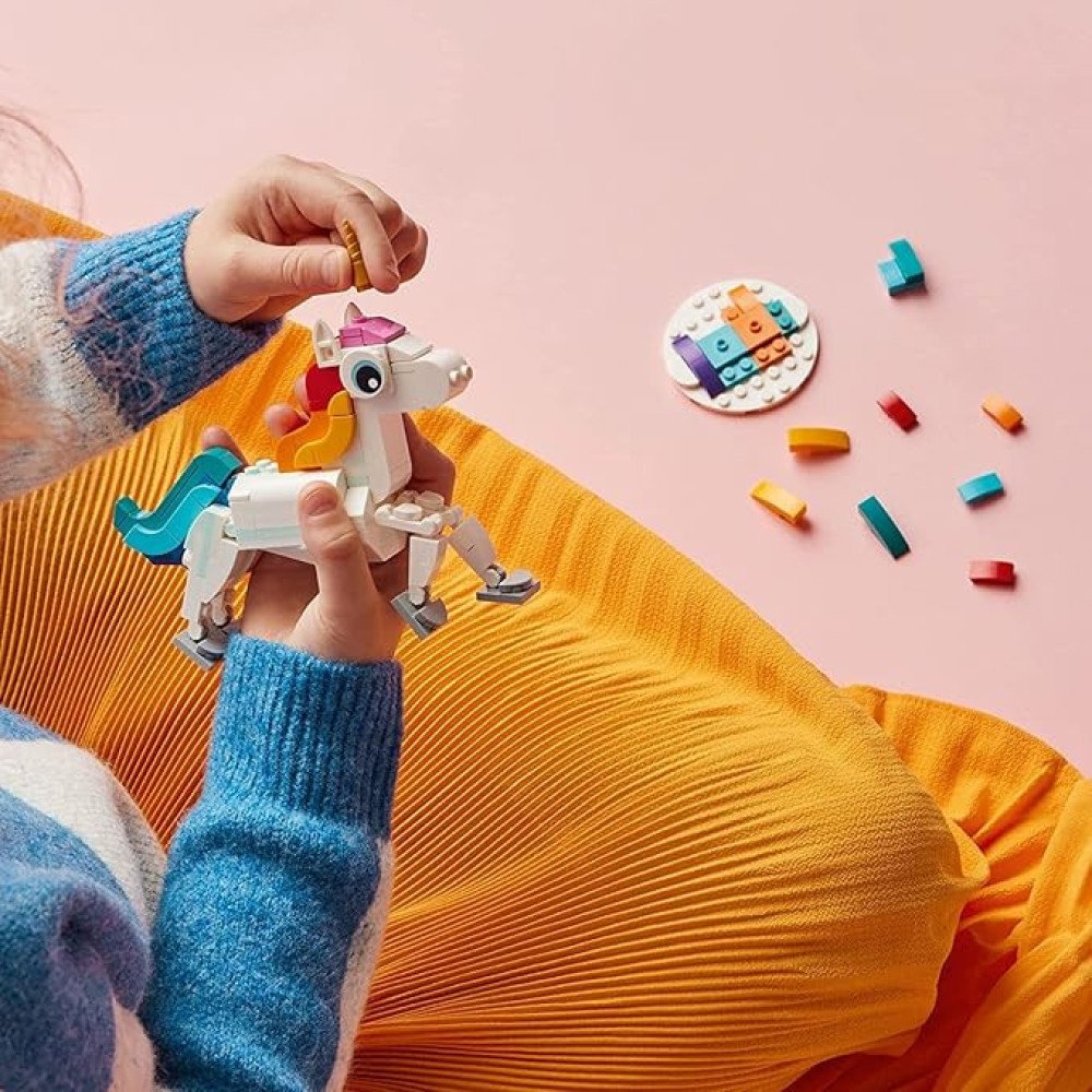 LEGO Creator 3 in 1 Magical Unicorn Toy, Transforms from Unicorn to Seahorse to Peacock, Rainbow Animal Figures, Unicorn Gift for Grandchildren, Girls and Boys, Buildable Toys