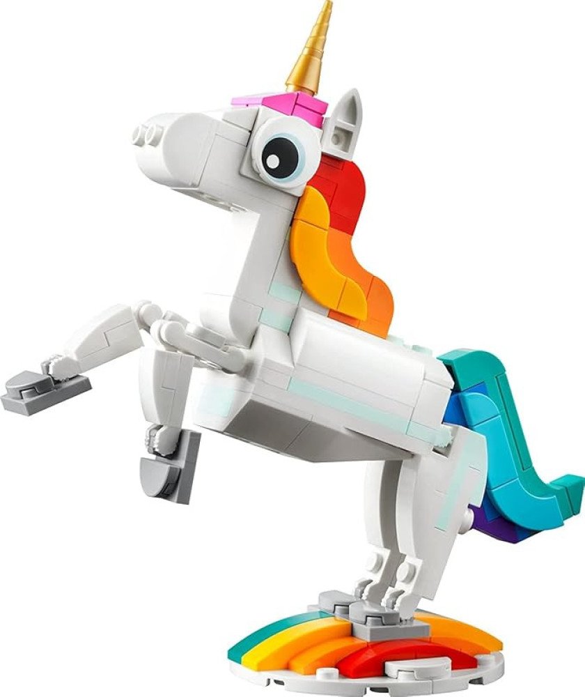 LEGO Creator 3 in 1 Magical Unicorn Toy, Transforms from Unicorn to Seahorse to Peacock, Rainbow Animal Figures, Unicorn Gift for Grandchildren, Girls and Boys, Buildable Toys