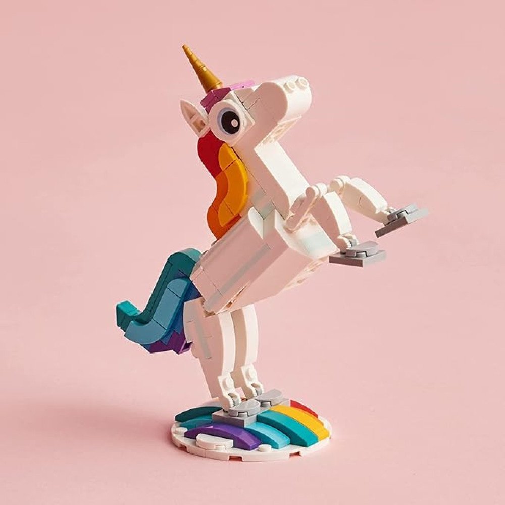LEGO Creator 3 in 1 Magical Unicorn Toy, Transforms from Unicorn to Seahorse to Peacock, Rainbow Animal Figures, Unicorn Gift for Grandchildren, Girls and Boys, Buildable Toys
