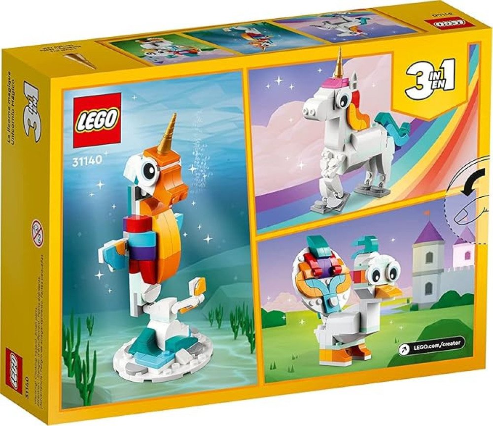 LEGO Creator 3 in 1 Magical Unicorn Toy, Transforms from Unicorn to Seahorse to Peacock, Rainbow Animal Figures, Unicorn Gift for Grandchildren, Girls and Boys, Buildable Toys