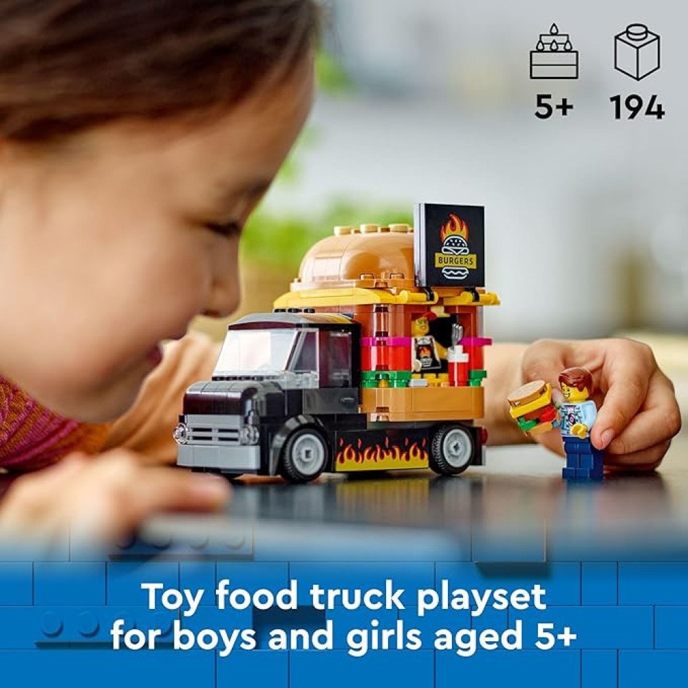LEGO City Burger Truck Toy Building Set, Fun Gift for Kids Ages 5 Plus, Burger Van and Kitchen Playset, Vendor Minifigure and Accessories, Imaginative Pretend Play for Boys and Girls