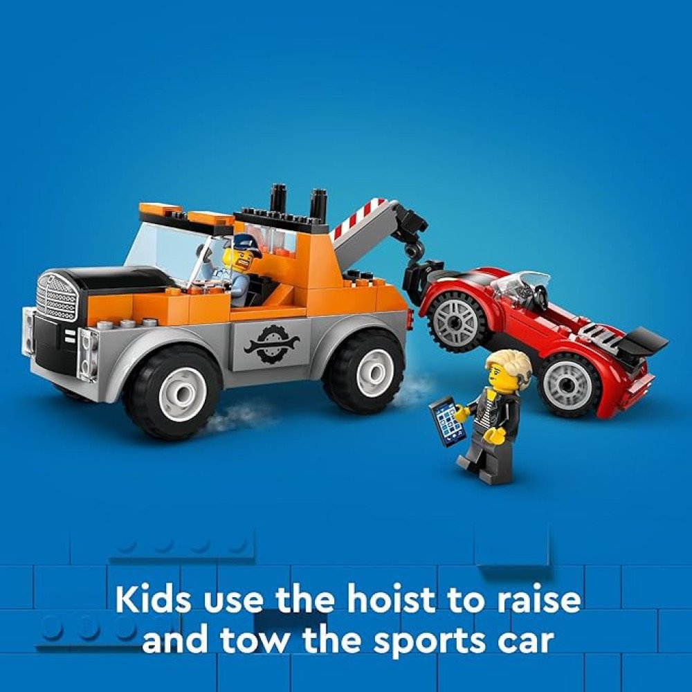LEGO City Tow Truck and Sports Car Repair Building Set, Kids Gift Idea with 2 Minifigures and Accessories Including a Cochlear Implant, Pretend Play Tow Truck Toy for Boys & Girls Ages 4 and Up