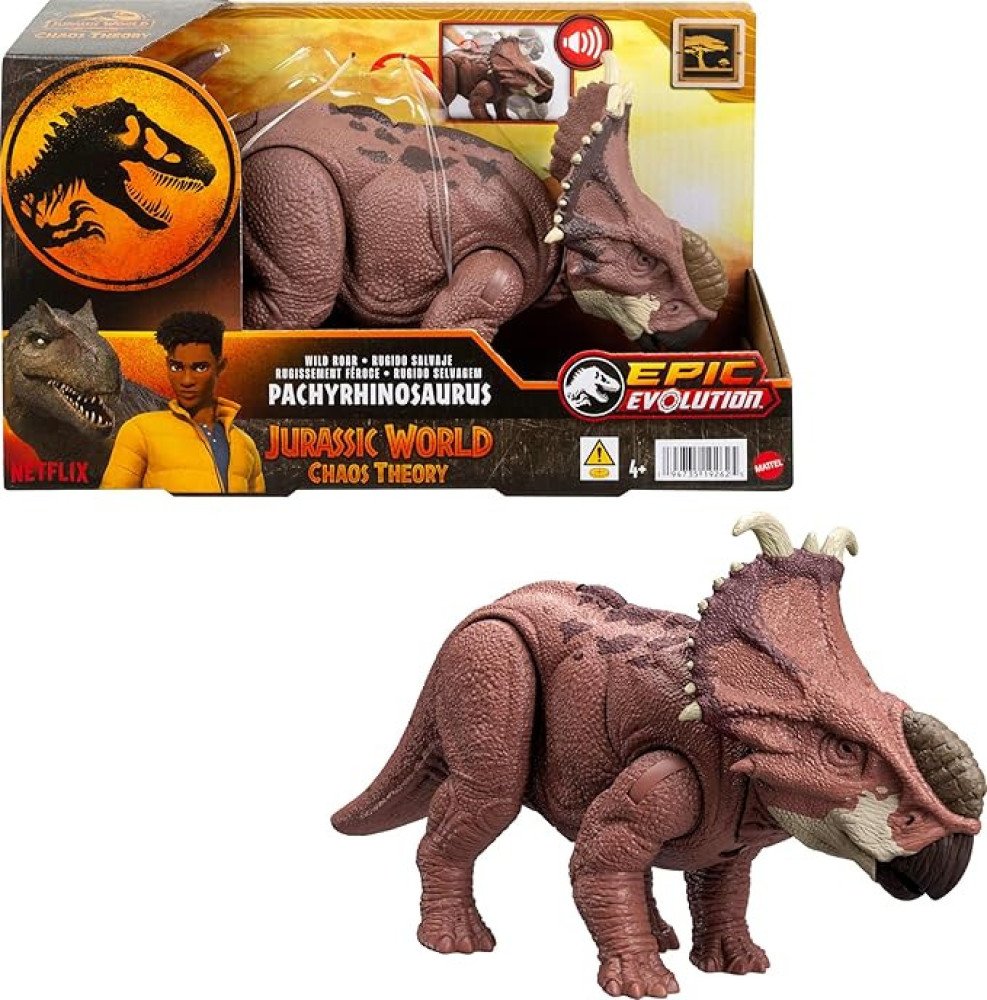 Mattel Jurassic World Wild Roar Dinosaur Action Figure, Pachyrhinosaurus with Continuing Head Strike & Sound, Posable Toy with Digital Play
