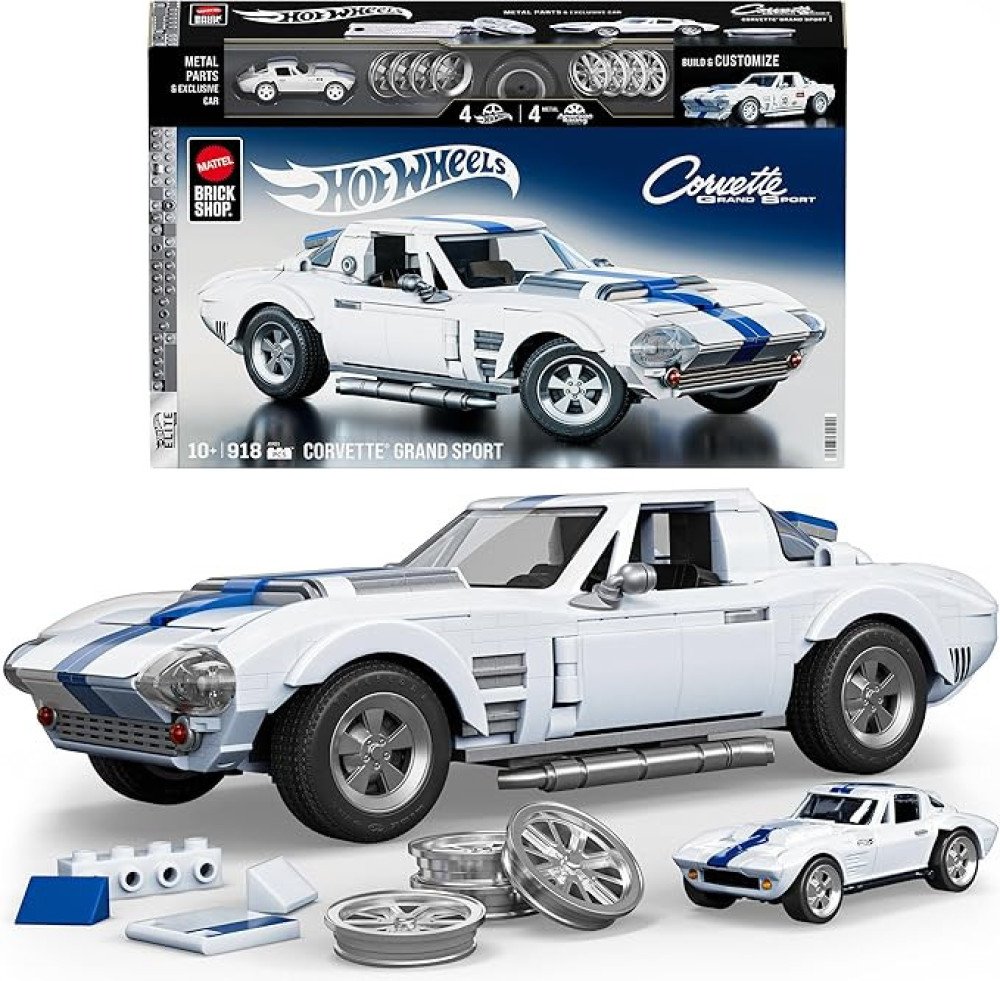 Mattel Brick Shop Hot Wheels Elite Series Building Set, Corvette Grand Sport with 918 Pieces, Realistic Details and Custom Decals, Adult Collectors and Kids Ages 10+