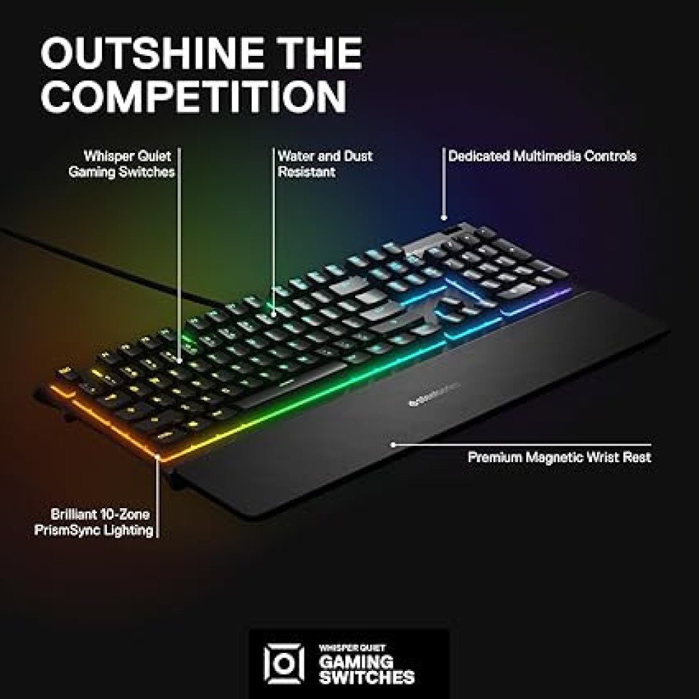 SteelSeries Apex 3 RGB Gaming Keyboard – 10-Zone RGB Illumination – IP32 Water Resistant – Premium Magnetic Wrist Rest (Whisper Quiet Gaming Switch)