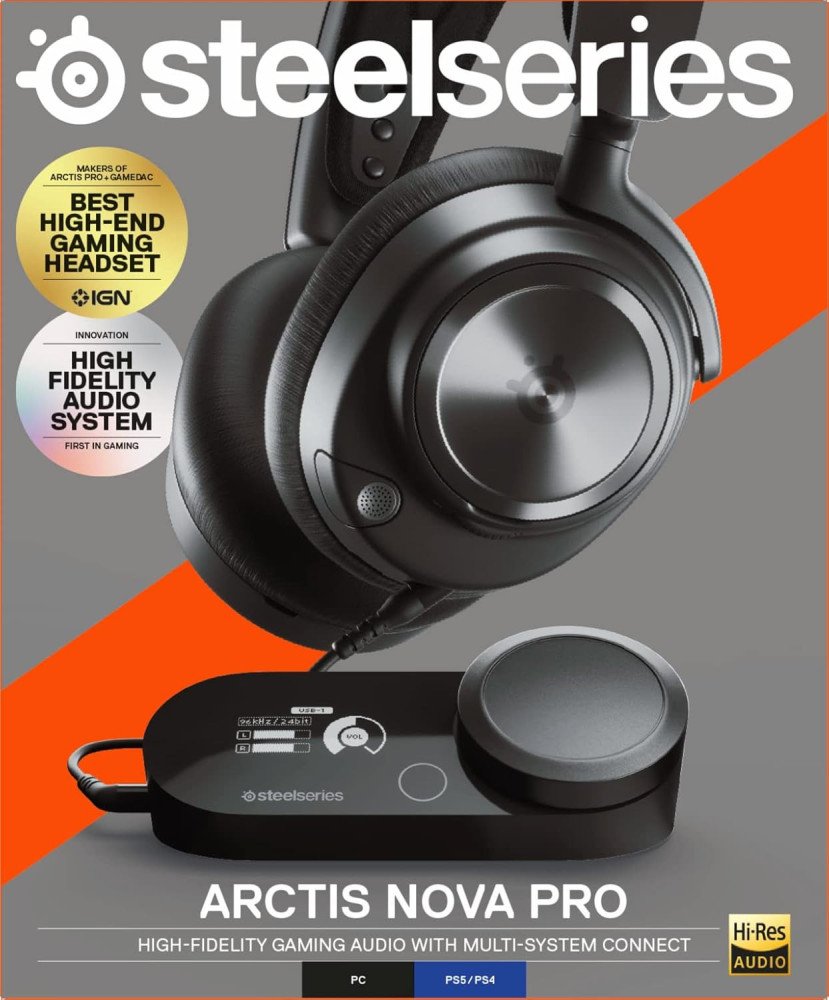 SteelSeries Arctis Nova Pro Multi-System Gaming Headset - Premium Hi-Fi Drivers - Hi-Res 360° Spatial Audio - GameDAC Gen 2 - ESS Sabre Quad-DAC - Stealth Retractable Mic - PC, PS5, PS4, Switch