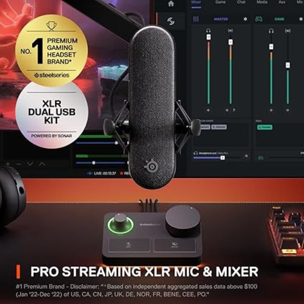 SteelSeries Alias Pro Kit — XLR Mic + Stream Mixer — 3X Bigger Capsule for Gaming, Streaming and Podcasting — USB/XLR Interface — Free Sonar Audio Software — Custom Controls — RGB — Single or Dual PC
