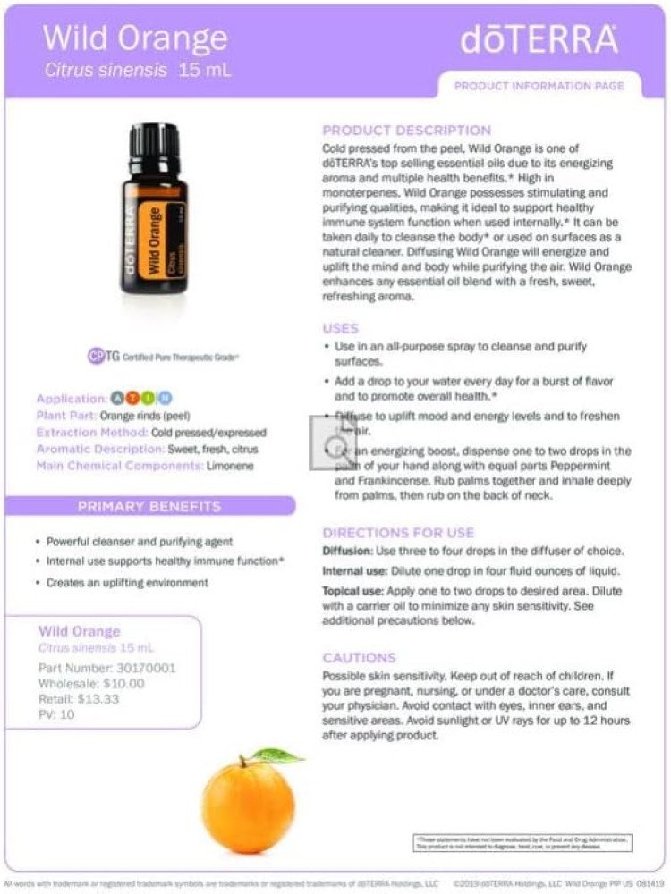 doTERRA Wild Orange Essential Oil - Powerful Cleanser and Purifying Agent, Supports Healthy Immune Function, Uplifts Mind and Body; For Diffusion, Internal, or Topical Use - 15 ml